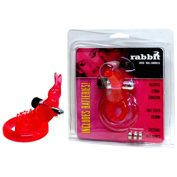 Rabbit Cock & Ball Harness - Red Vibrating Cock & Ball Ring with Rabbit Clit Stimulator