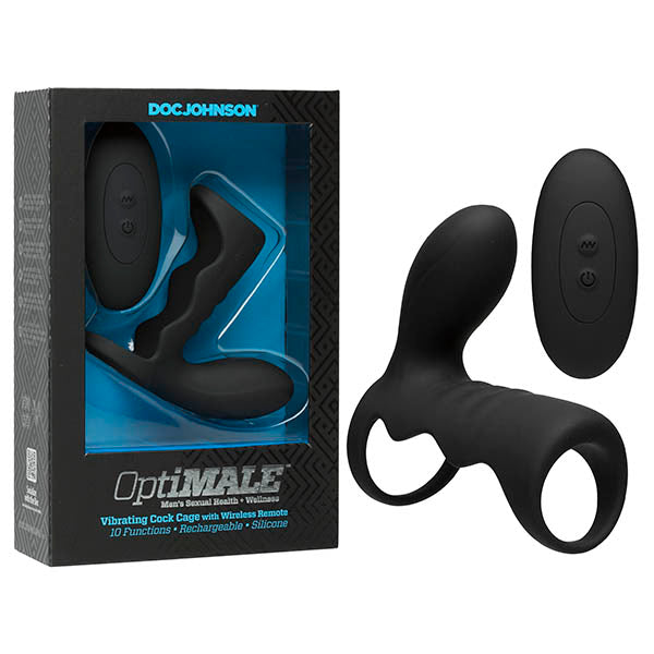 OptiMALE Vibrating Rechargeable Cock Cage with Wireless Remote - Black Vibrating Cock Cage