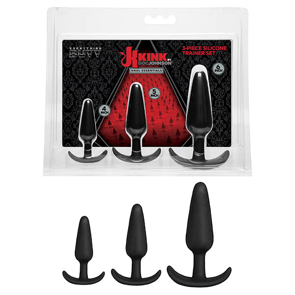 KINK Anal Essentials 3-Piece Silicone Trainer Set - Black Butt Plugs - Set of 3 Sizes