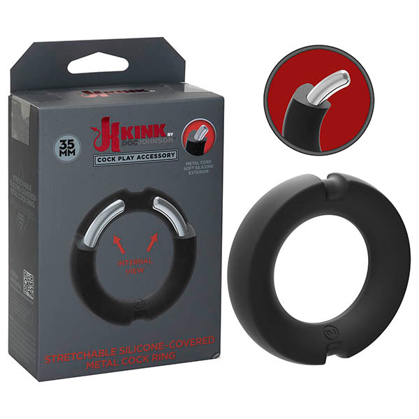 KINK HYBRID Silicone Covered Metal Cock Ring - Black Cock Ring - 35 mm