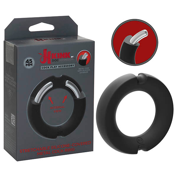 KINK HYBRID Silicone Covered Metal Cock Ring - Black Cock Ring - 45 mm