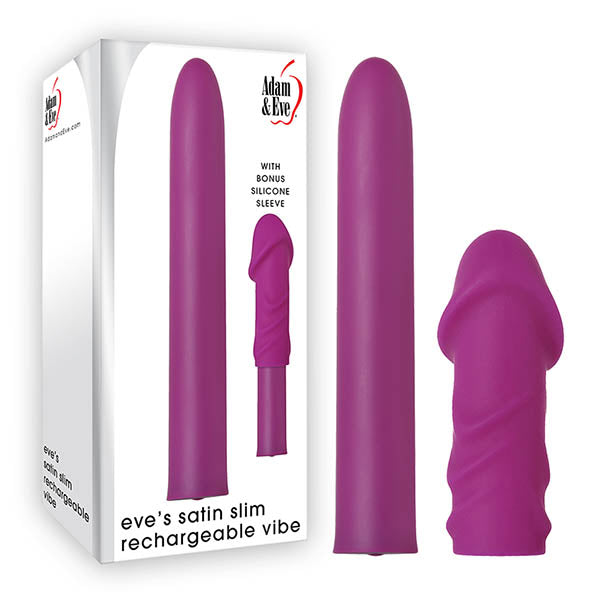 Adam & Eve Eve's Satin Slim Rechargeable Vibe - Purple 14.6 cm (5.75'') USB Rechargeable Vibrator with Sleeve