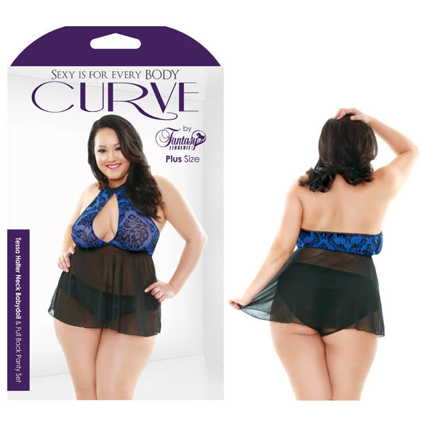Curve Tessa Halter Neck Babydoll & Full Back Panty Set - Sapphire/Black - 3X/4X Size