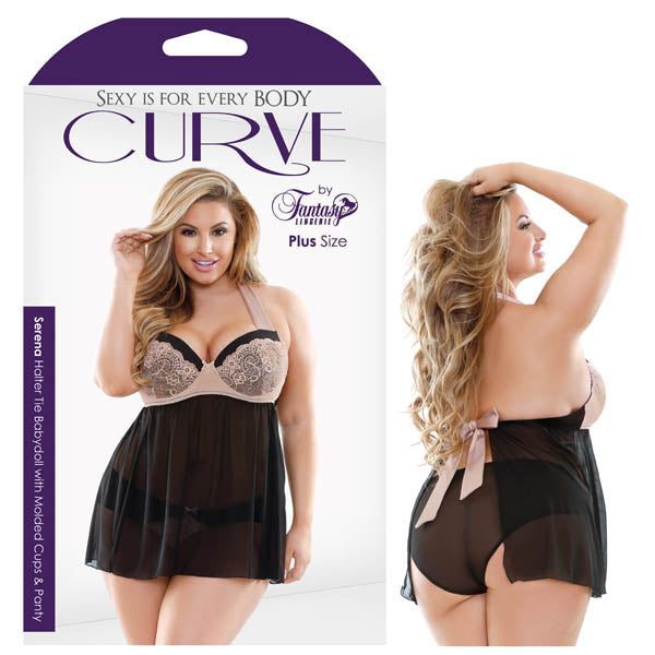 Curve Serena Halter Tie Babydoll with Molded Cups & Panty - Skin/Black - 3X/4X Size