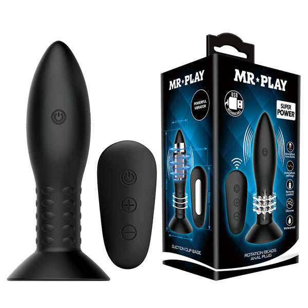 MR PLAY Rotation Beads Anal Plug - Black USB Rechargeable Beaded Butt Plug with Wireless Remote