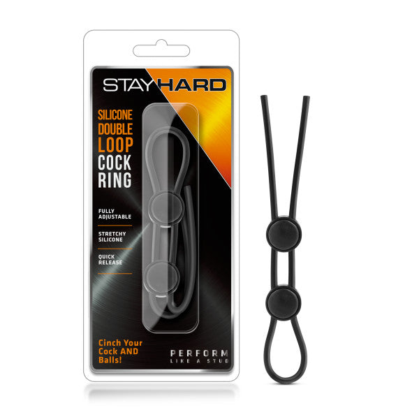 Stay Hard Silicone Double Loop Cock Ring - Black Adjustable Lasso Cock Ring