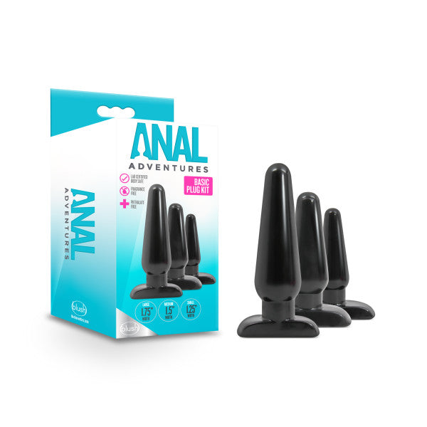 Anal Adventures Basic Plug Kit - Black Butt Plugs - Set of 3 Sizes