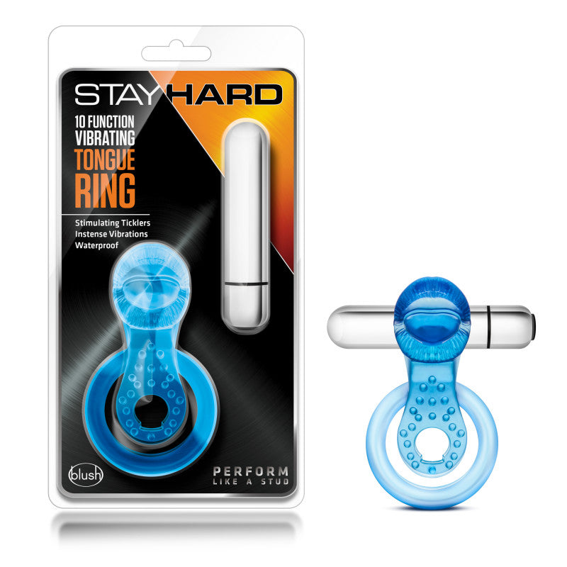 Stay Hard 10-Function Vibrating Tongue Ring - Blue Vibrating Cock & Ball Rings