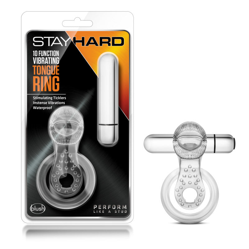 Stay Hard 10-Function Vibrating Tongue Ring - Clear Vibrating Cock & Ball Ring