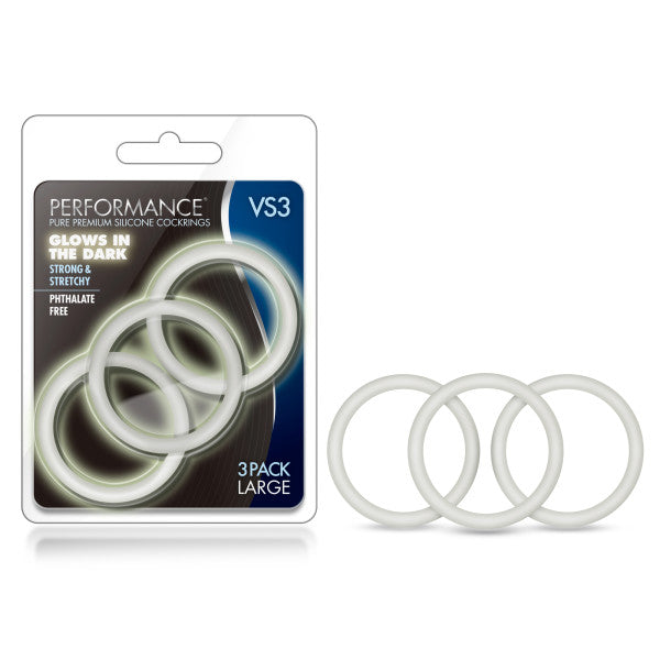 Performance VS3 Pure Premium Silicone Cockrings - Glow In Dark Large Cock Rings - Set of 3