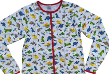 Load image into Gallery viewer, ABDL Rearz Dinosaur Adult Footed Jammies with a Red Trim Top
