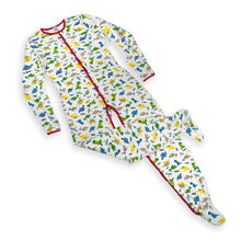 Load image into Gallery viewer, ABDL Rearz Dinosaur Adult Footed Jammies with a Red Trim Laid Out
