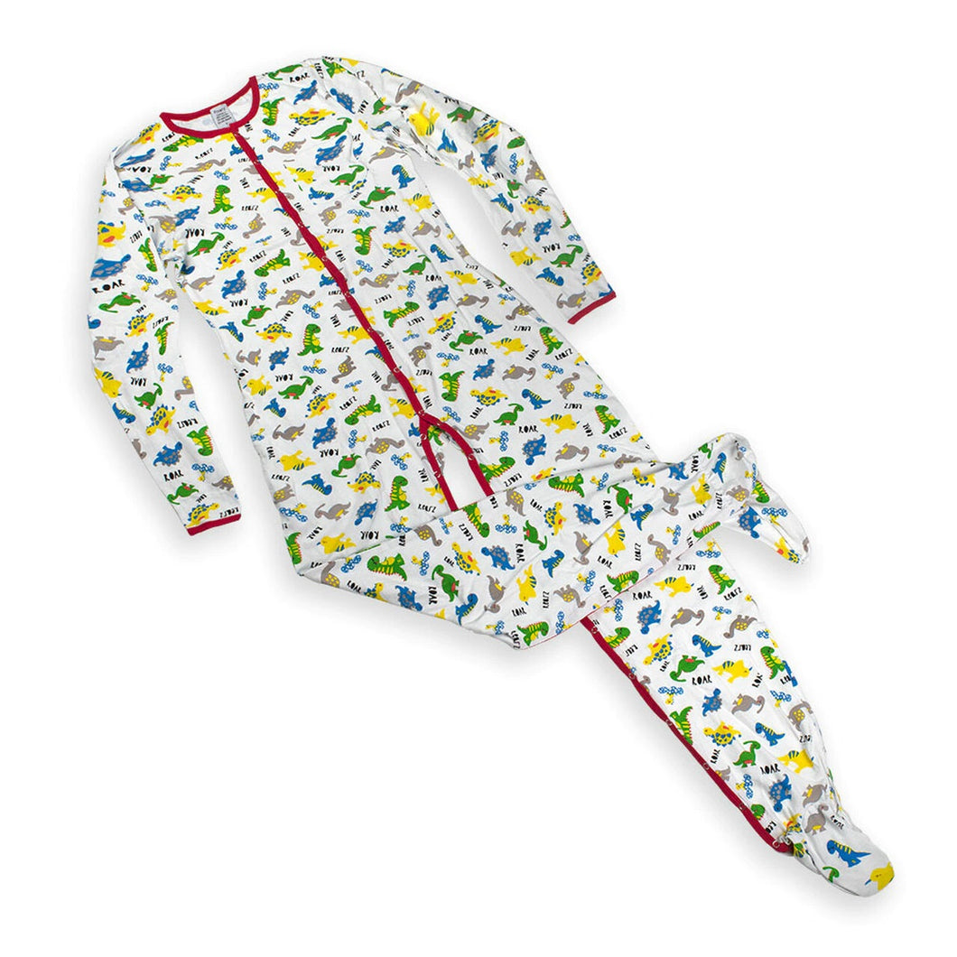 ABDL Rearz Dinosaur Adult Footed Jammies with a Red Trim Laid Out
