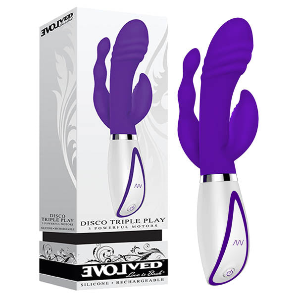 Disco Triple Play - Purple 22.2 cm (8.75'') USB Rechargeable Rabbit Vibrator with Anal Tickler