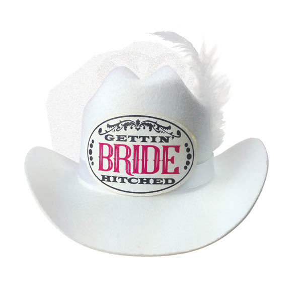 Gettin' Hitched Bride Cowboy Hat with Veil - White Hen's Party Novelty