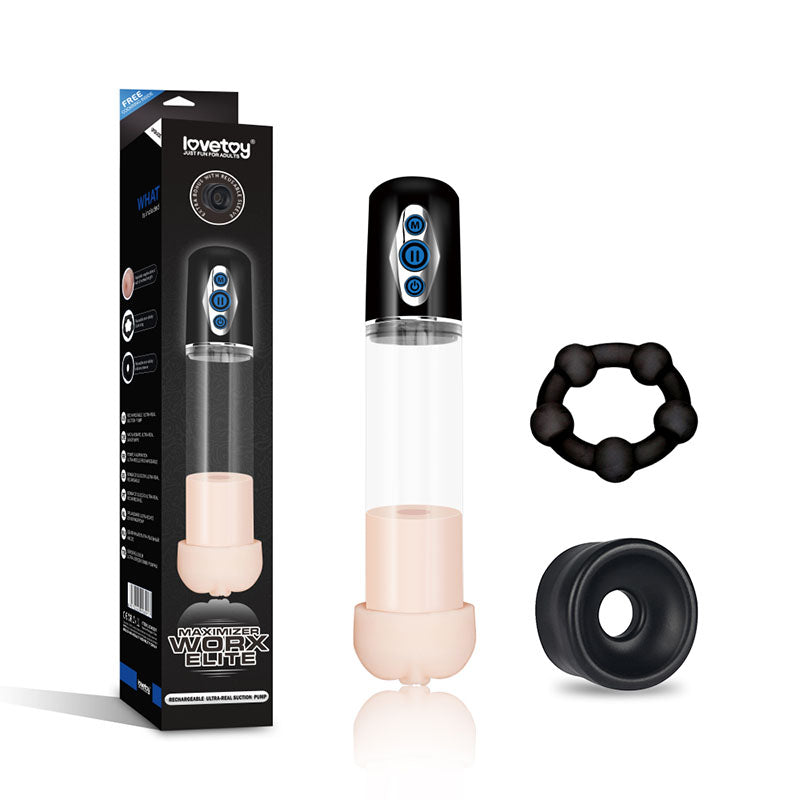 Maximizer Worx Elite Rechargeable Pump - Clear USB Rechargeable Penis Pump with Vagina Sleeve & Cock Ring