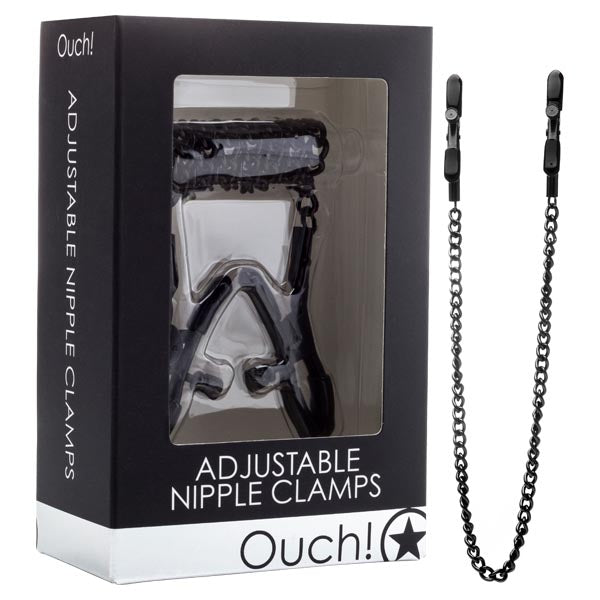 Ouch Adjustable Nipple Clamps - Black Nipple Restraints with Chain