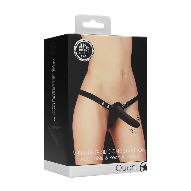 Ouch! Vibrating Silicone Strap-On - Black 16 cm USB Rechargeable Vibrating Strap-On