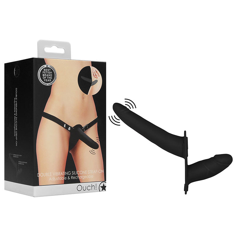 OUCH! Double Vibrating Silicone Strap-On - Black 16 cm Rechargeable Vibrating Strap-On with Vaginal Plug