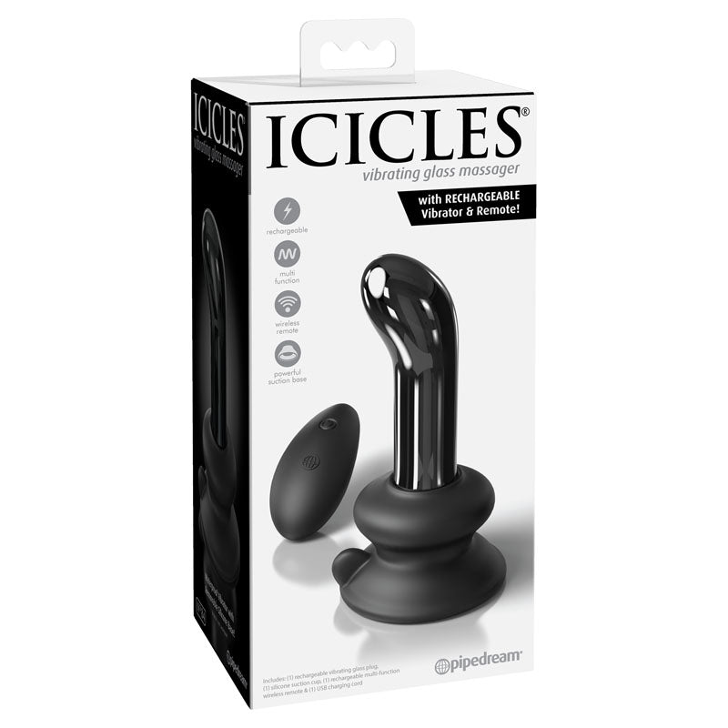 Icicles #84 - Black Glass USB Rechargeable Vibrating Butt Plug with Remote