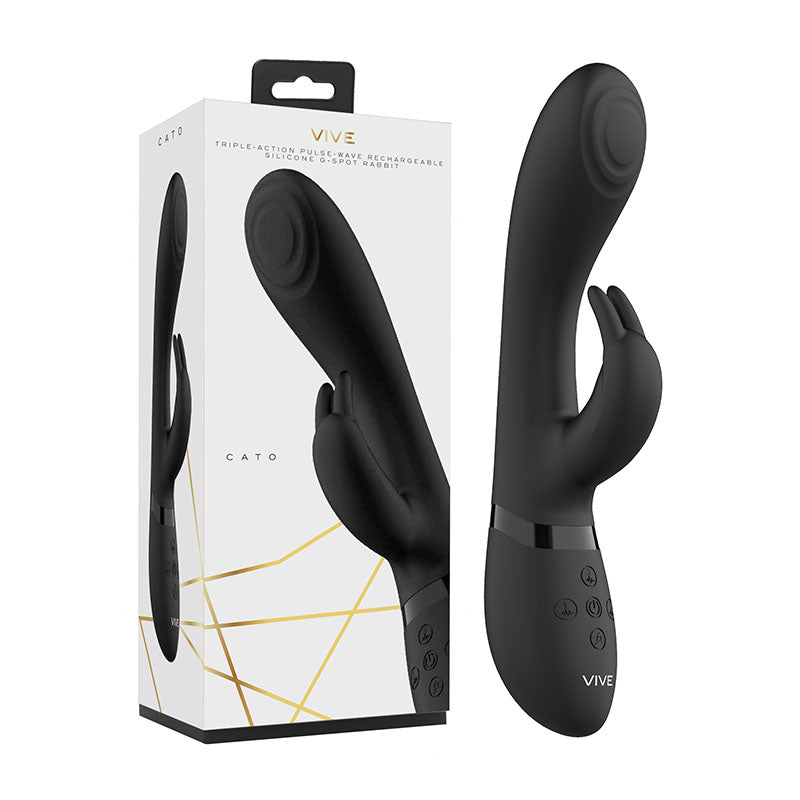 Vive Cato - Black 21.5 cm USB Rechargeable Rabbit Vibrator with Pulsing Tip