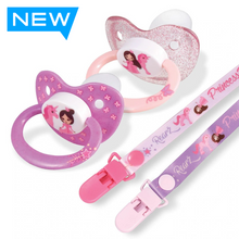 Load image into Gallery viewer, Rearz Princess Pink Pacifier and Clip 2 Pack Showcase
