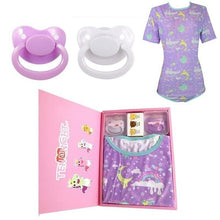Load image into Gallery viewer, ABDL Unisex Onesie with 2x Pacifiers Set Contents
